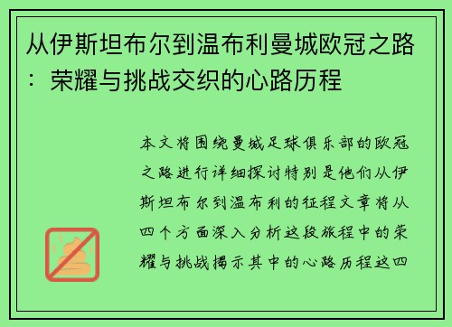 从伊斯坦布尔到温布利曼城欧冠之路：荣耀与挑战交织的心路历程