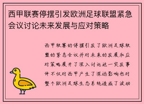 西甲联赛停摆引发欧洲足球联盟紧急会议讨论未来发展与应对策略