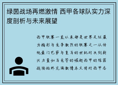 绿茵战场再燃激情 西甲各球队实力深度剖析与未来展望
