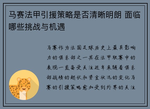 马赛法甲引援策略是否清晰明朗 面临哪些挑战与机遇