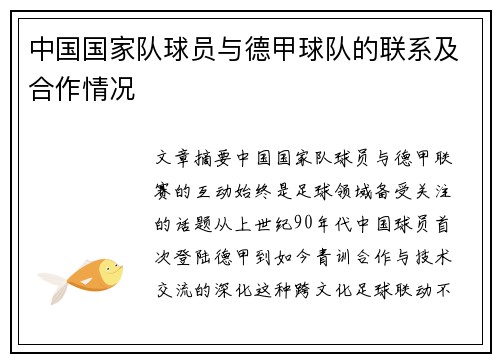 中国国家队球员与德甲球队的联系及合作情况
