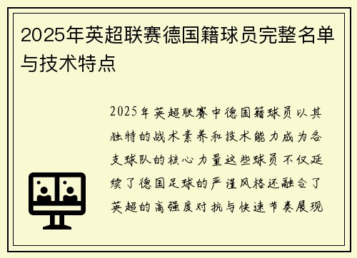 2025年英超联赛德国籍球员完整名单与技术特点